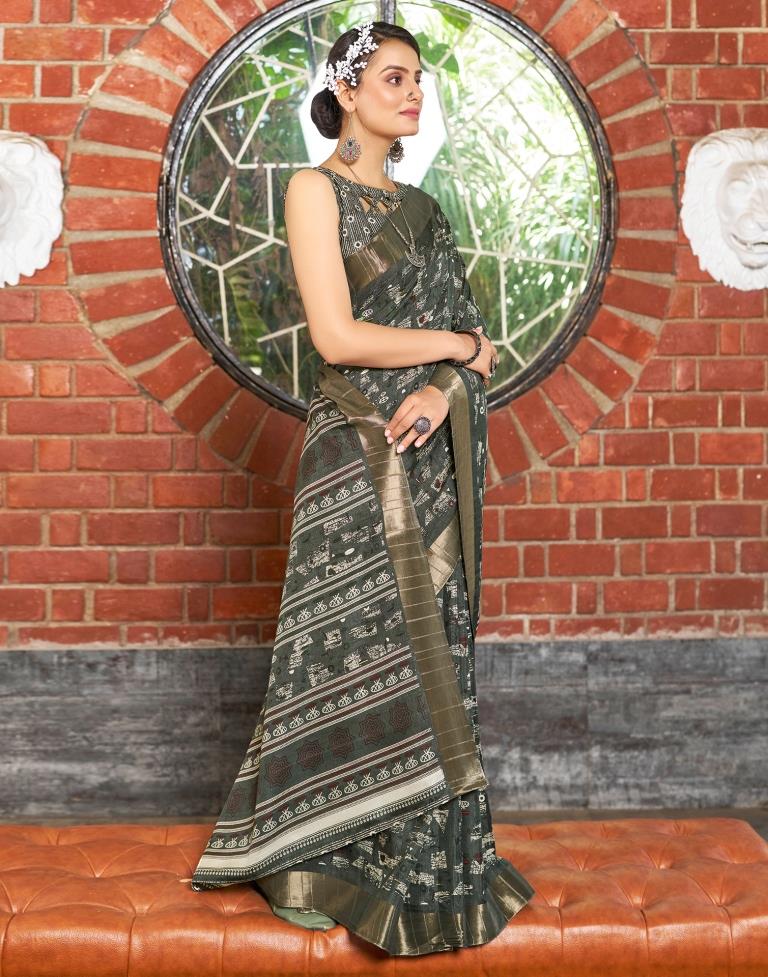 Dark Grey Silk Printed Saree