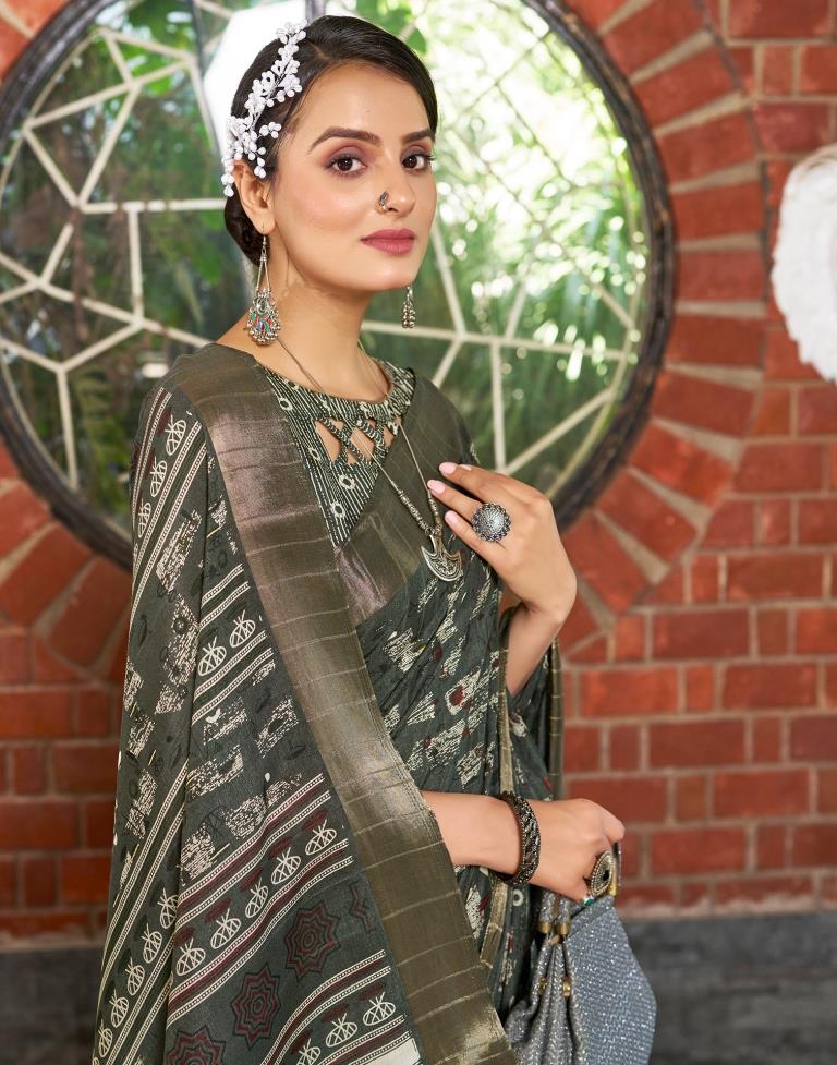 Dark Grey Silk Printed Saree