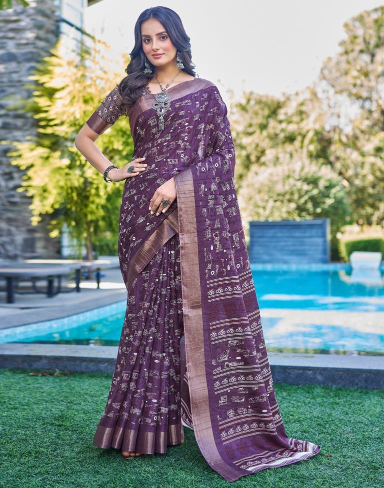 Deep Purple Silk Printed Saree