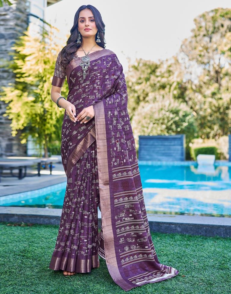 Deep Purple Silk Printed Saree