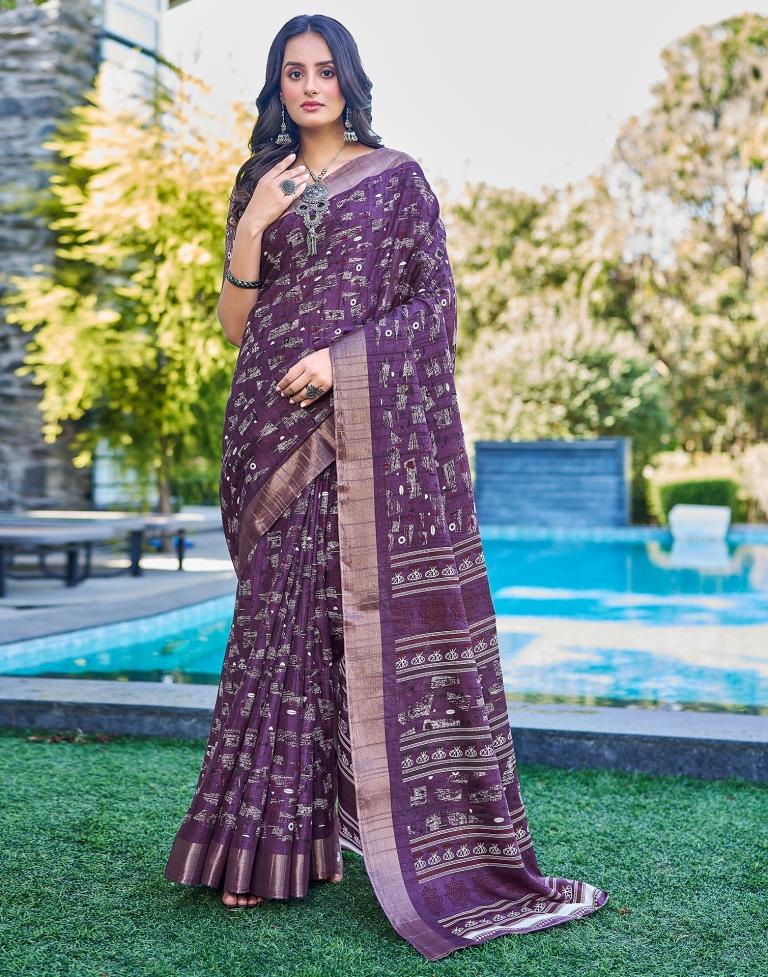 Deep Purple Silk Printed Saree