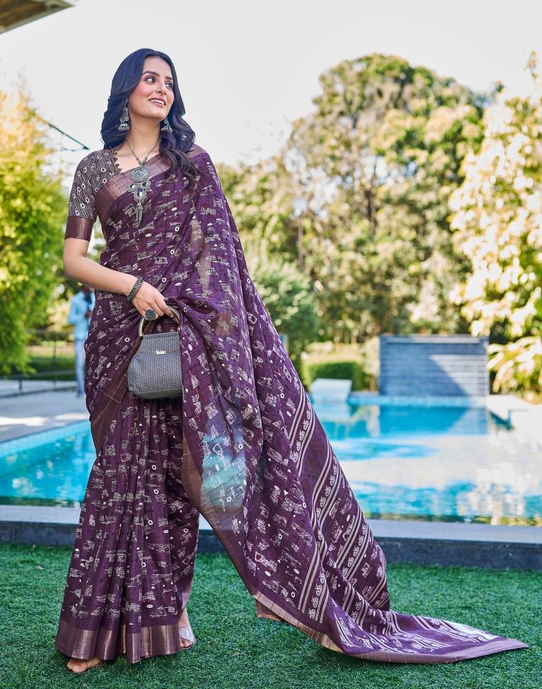 Deep Purple Silk Printed Saree