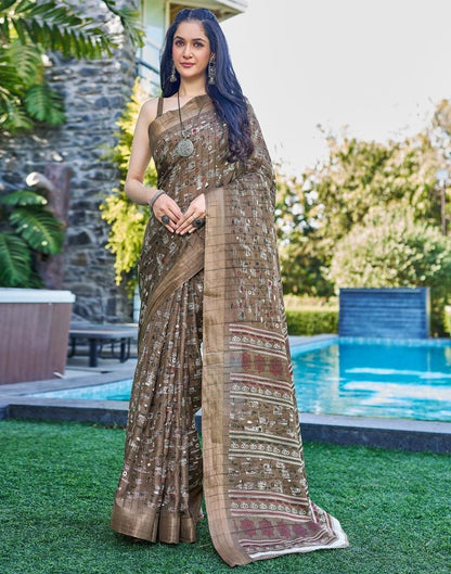 Brown Silk Printed Saree