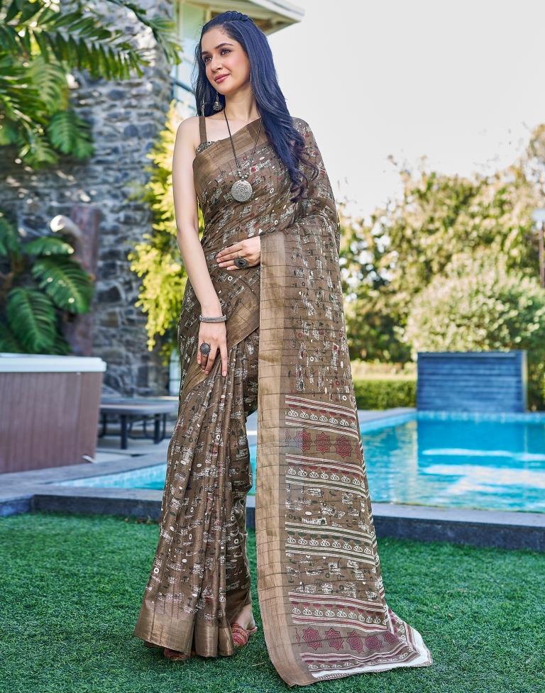 Brown Silk Printed Saree