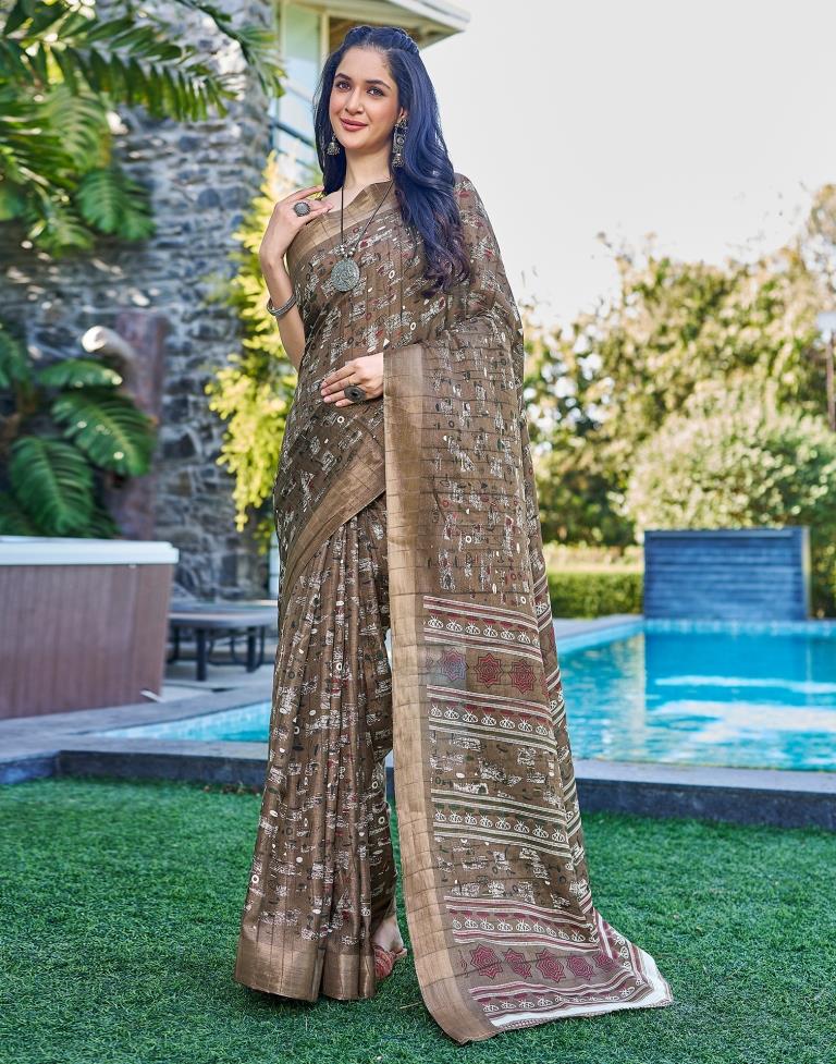 Brown Silk Printed Saree