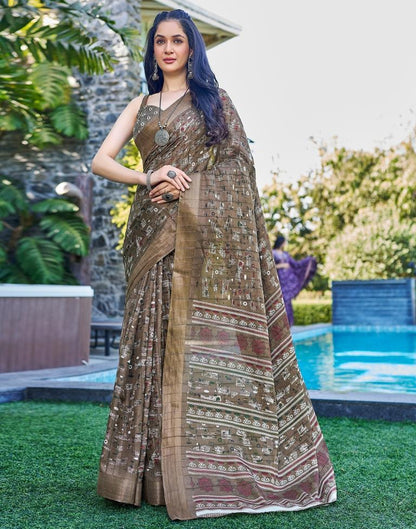 Brown Silk Printed Saree