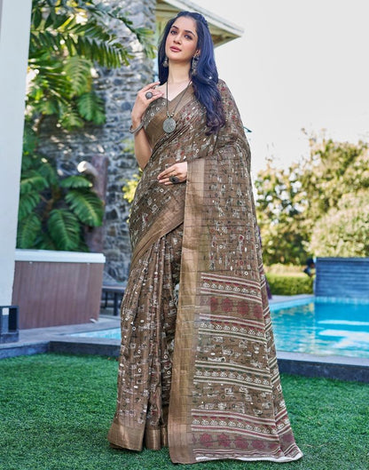 Brown Silk Printed Saree