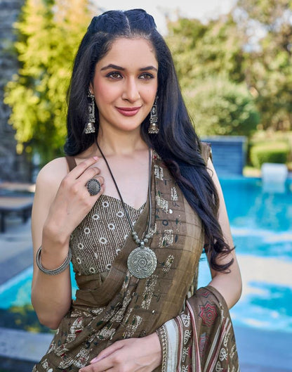 Brown Silk Printed Saree