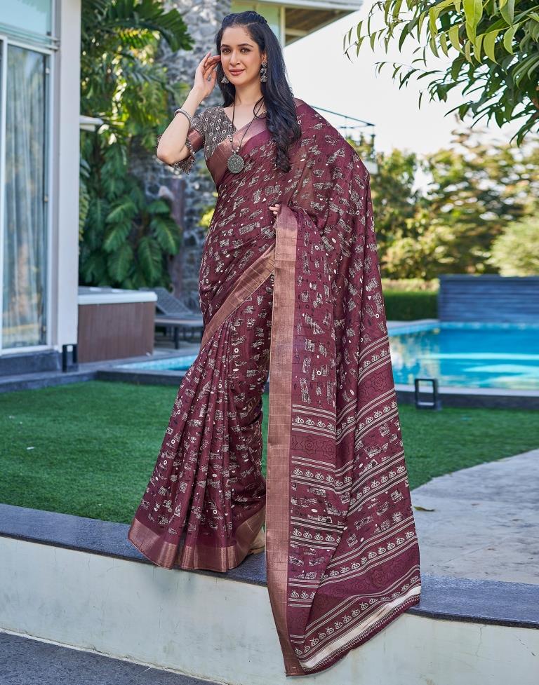 Wine Silk Printed Saree