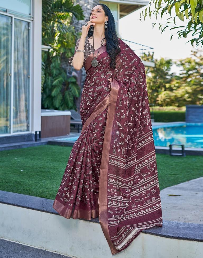 Wine Silk Printed Saree