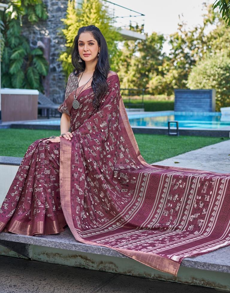 Wine Silk Printed Saree