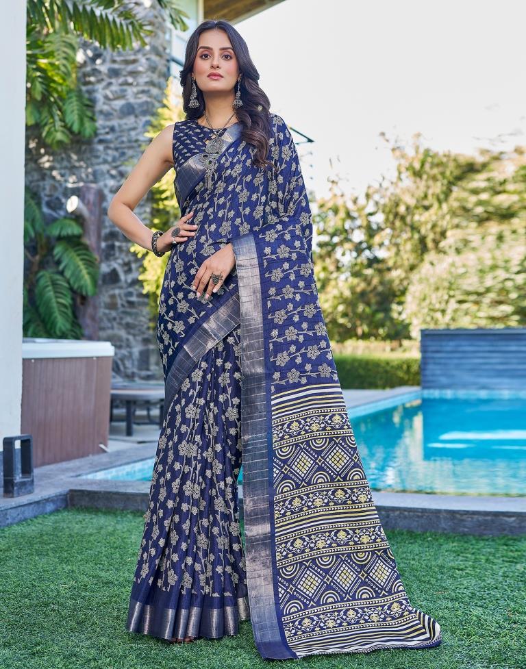 Dark Blue Silk Printed Saree