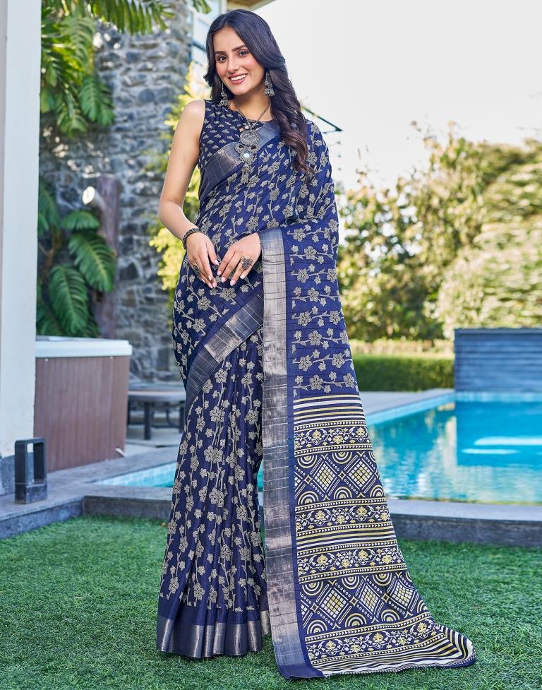 Dark Blue Silk Printed Saree