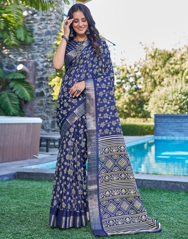 Dark Blue Silk Printed Saree