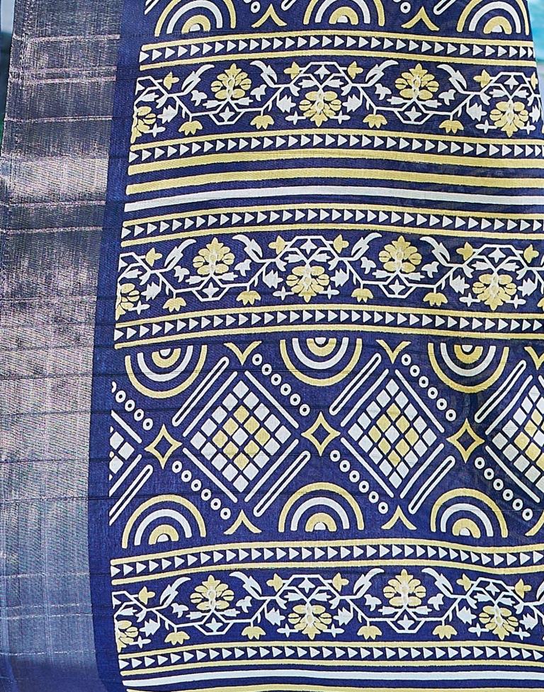 Dark Blue Silk Printed Saree