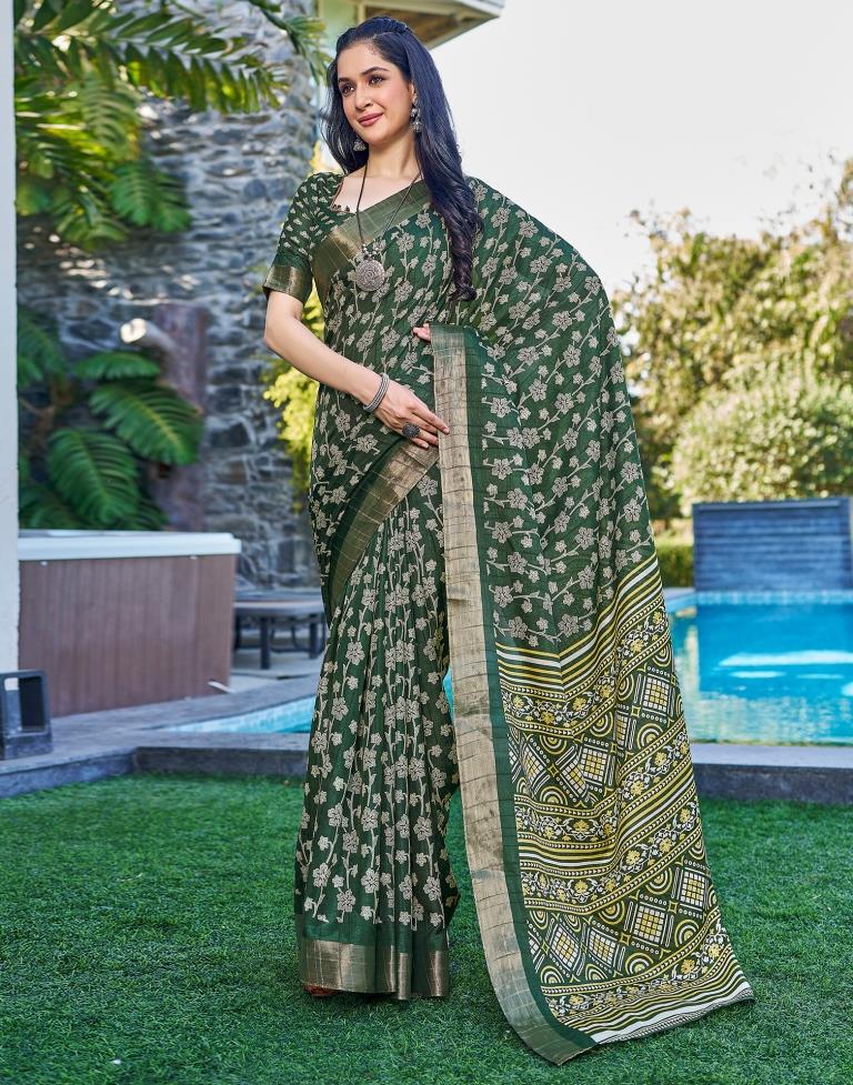 Dark Green Silk Printed Saree