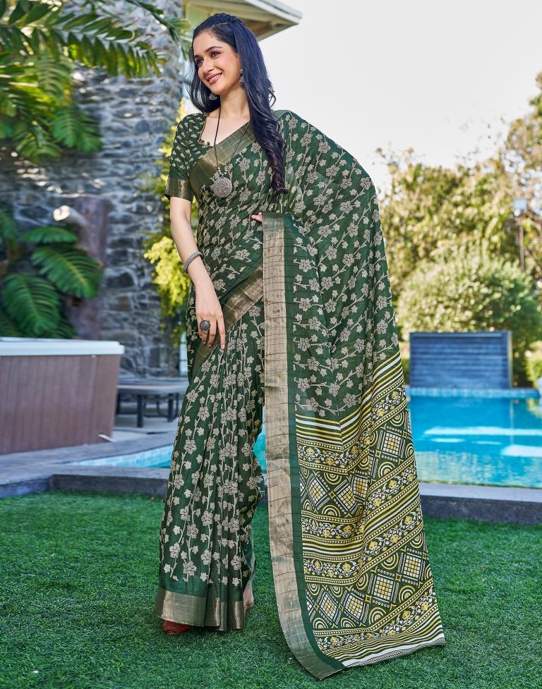 Dark Green Silk Printed Saree