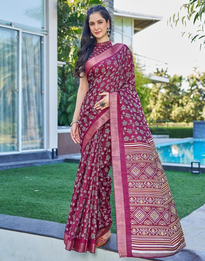 Wine Silk Printed Saree