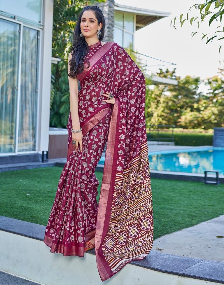 Wine Silk Printed Saree