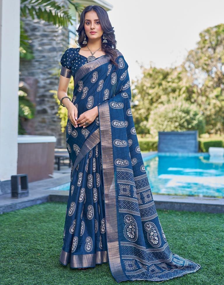 Dark Blue Silk Printed Saree