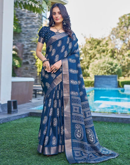 Dark Blue Silk Printed Saree