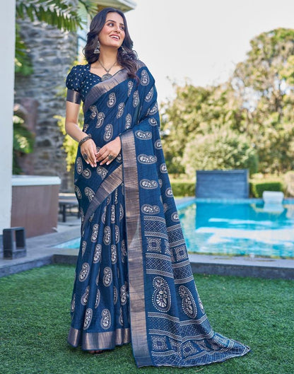 Dark Blue Silk Printed Saree