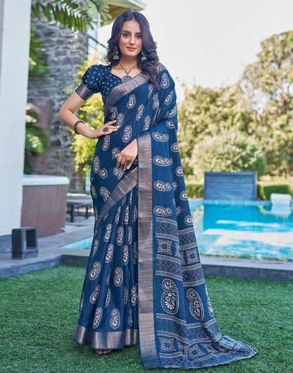 Dark Blue Silk Printed Saree