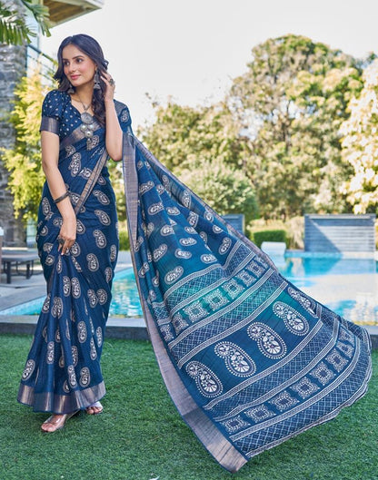 Dark Blue Silk Printed Saree