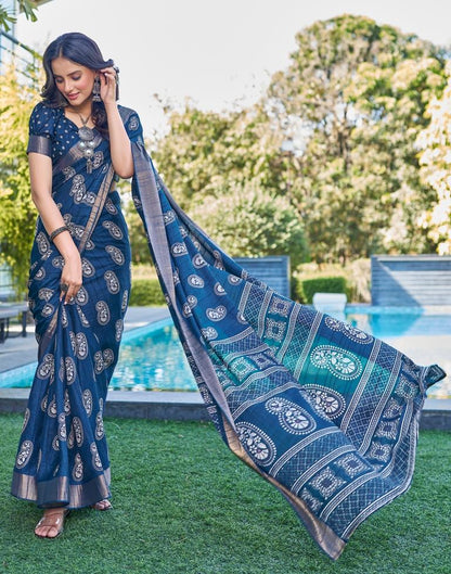 Dark Blue Silk Printed Saree