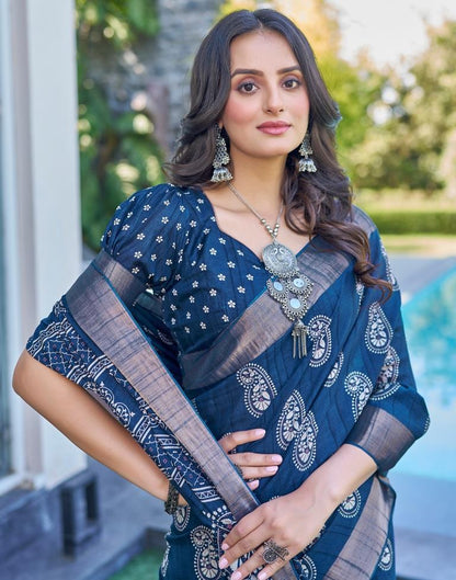 Dark Blue Silk Printed Saree