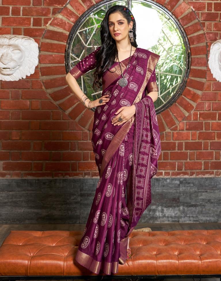 Wine Silk Printed Saree