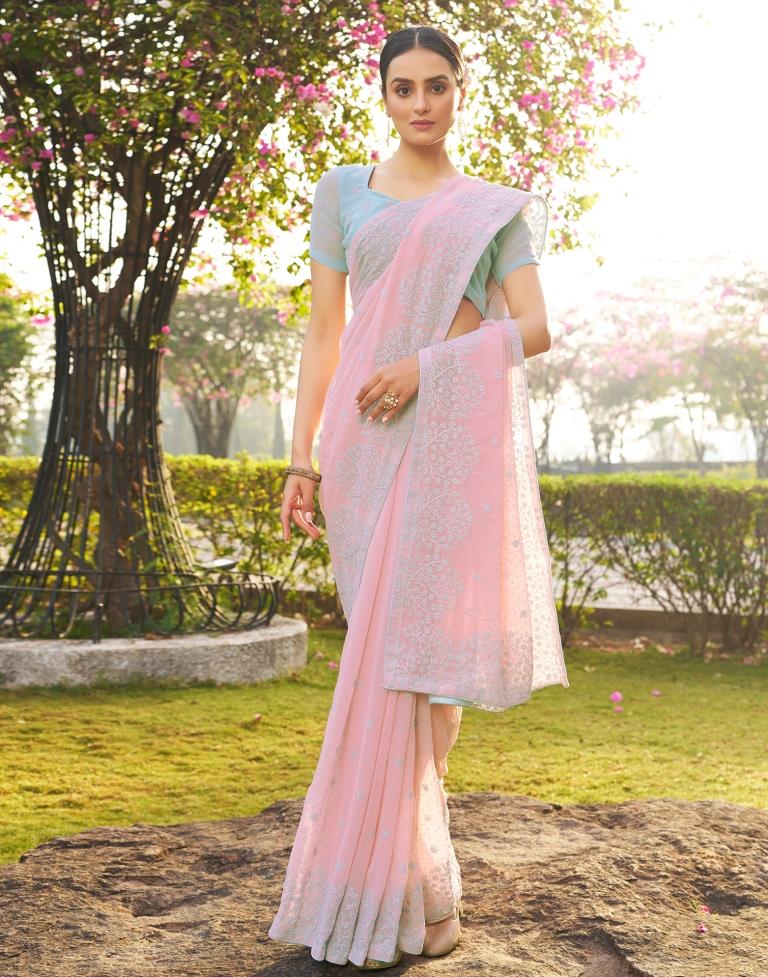 Light Pink Georgette Embroidery Saree