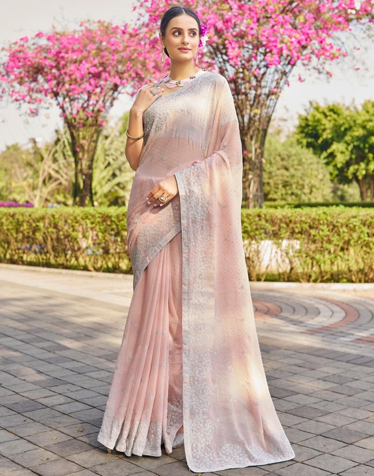 Light Peach  Georgette Embroidery Saree