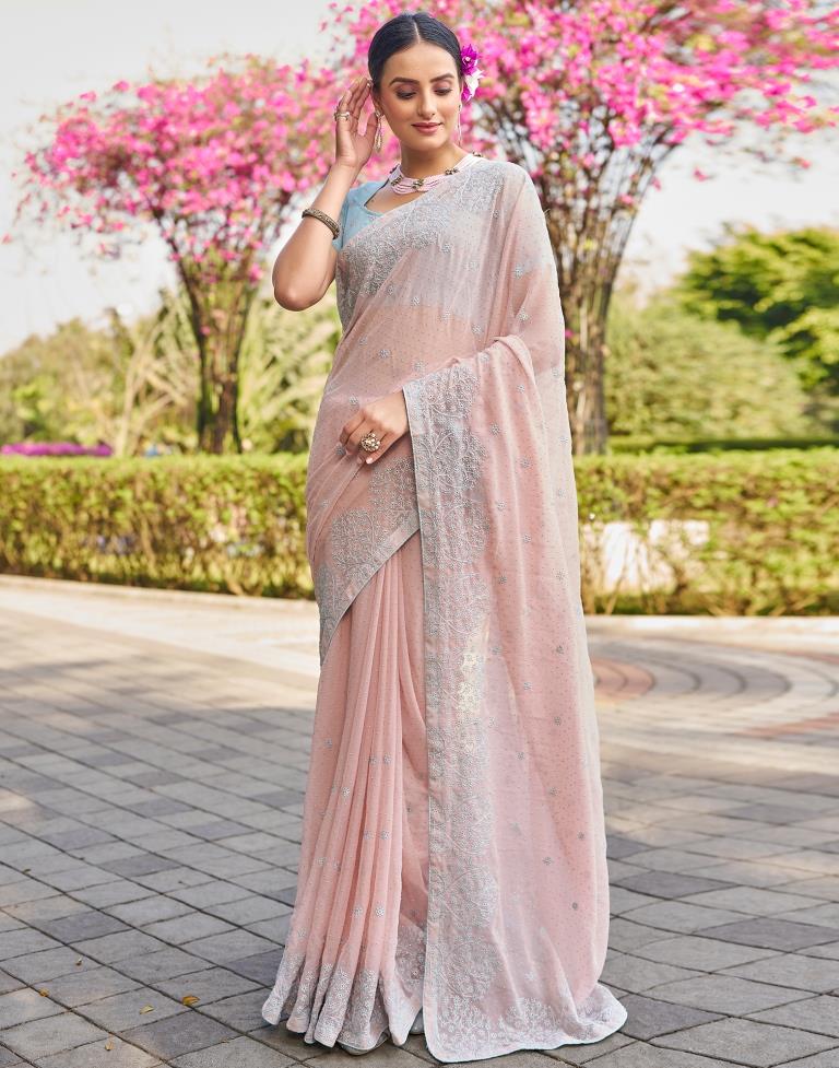 Light Peach  Georgette Embroidery Saree