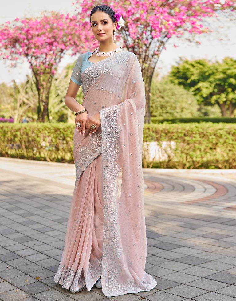 Light Peach  Georgette Embroidery Saree