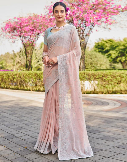 Light Peach  Georgette Embroidery Saree