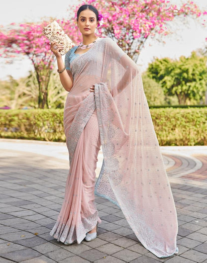 Light Peach  Georgette Embroidery Saree