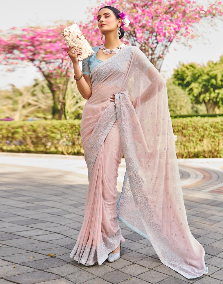 Light Peach  Georgette Embroidery Saree