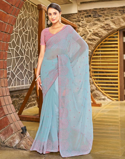 Light Blue Georgette Embroidery Saree