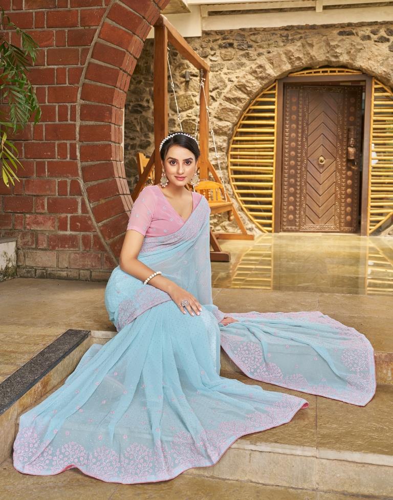 Light Blue Georgette Embroidery Saree