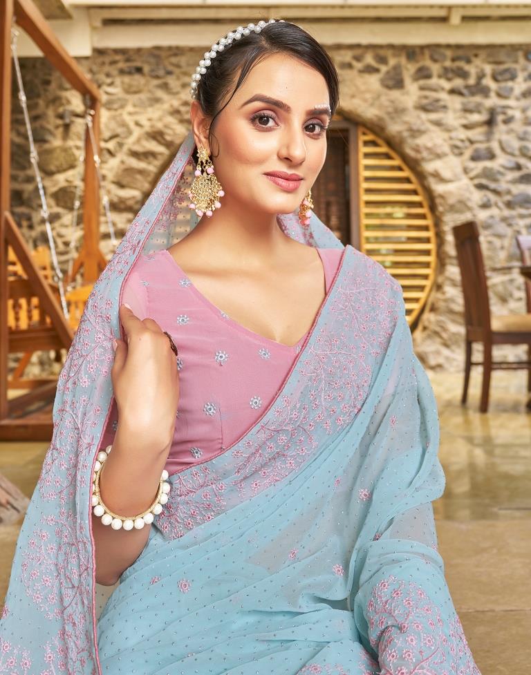 Light Blue Georgette Embroidery Saree