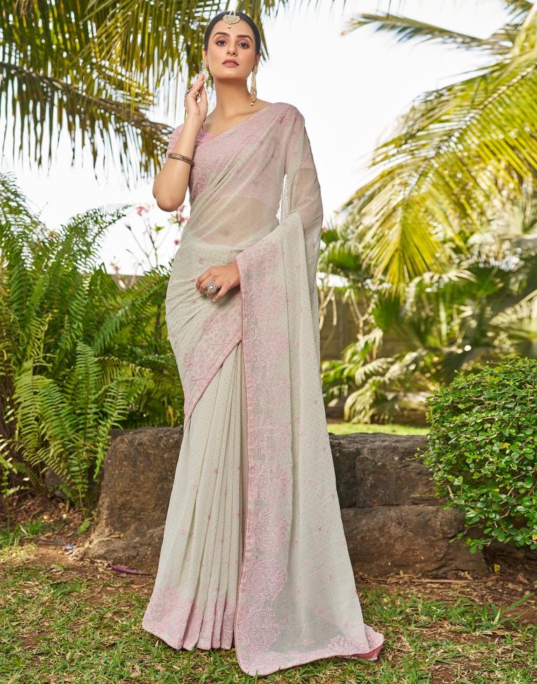 Dusty Light Green Georgette Embroidery Saree