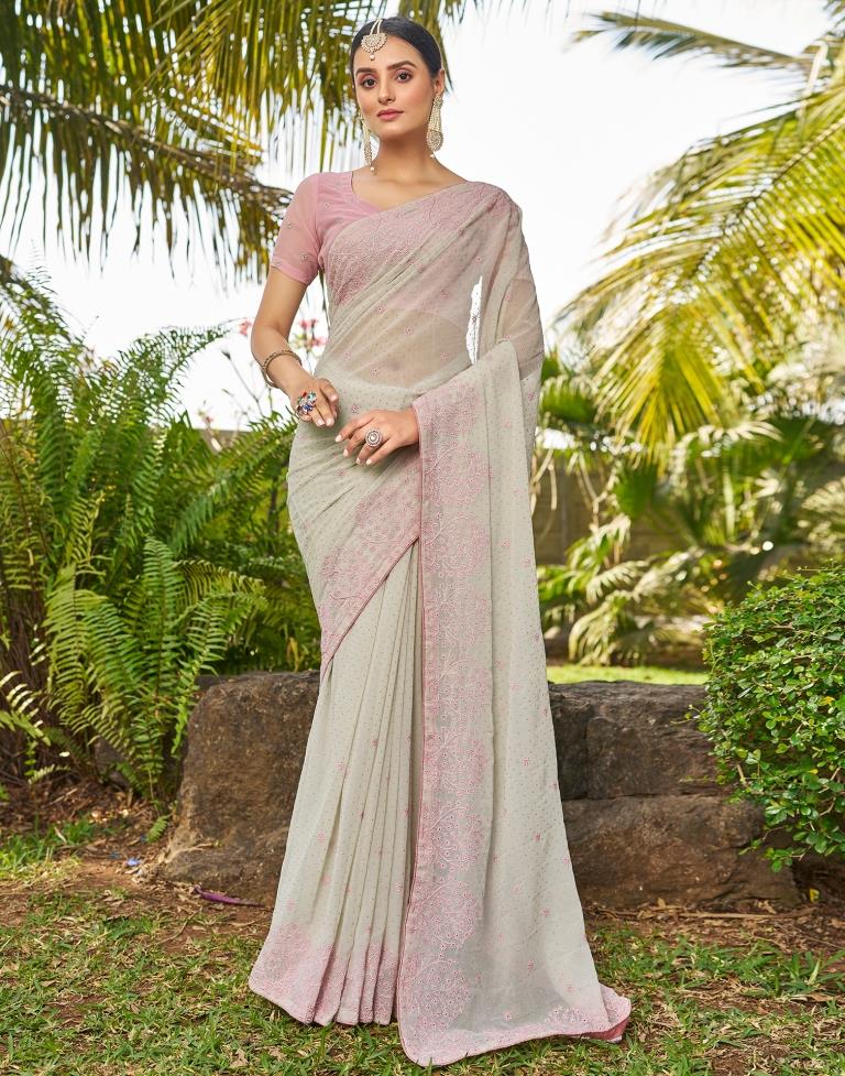 Dusty Light Green Georgette Embroidery Saree