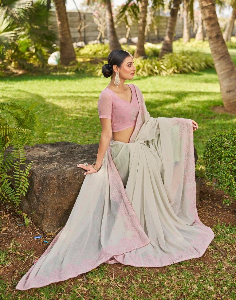 Dusty Light Green Georgette Embroidery Saree