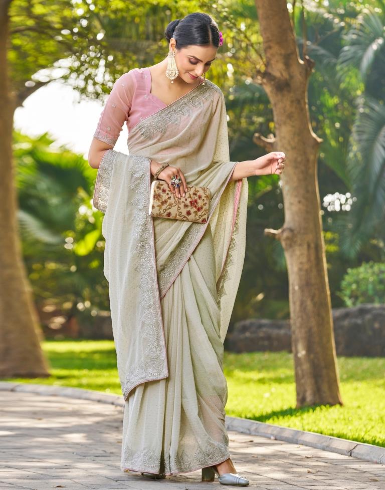 Dusty Light Green Georgette Embroidery Saree