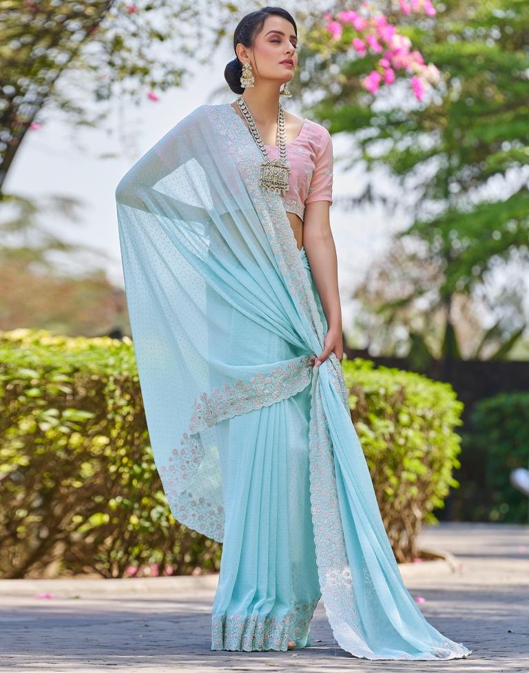 Light Blue Georgette Embroidery Saree