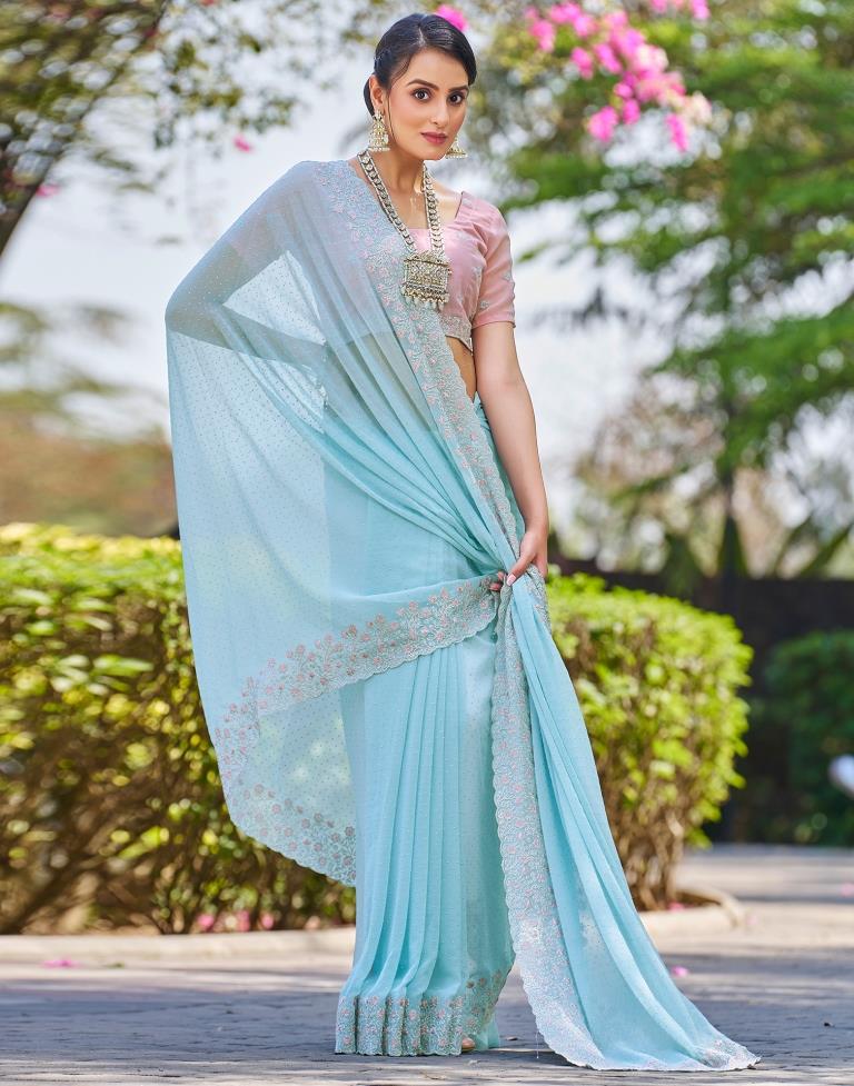 Light Blue Georgette Embroidery Saree