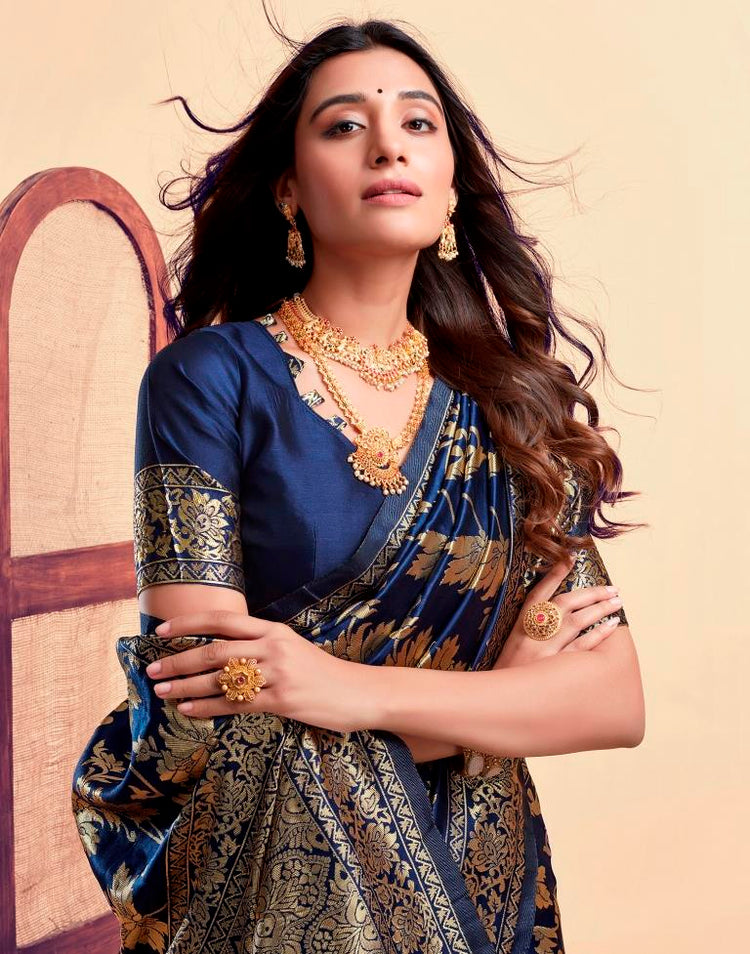 Navy Blue Silk Woven Banarasi Saree