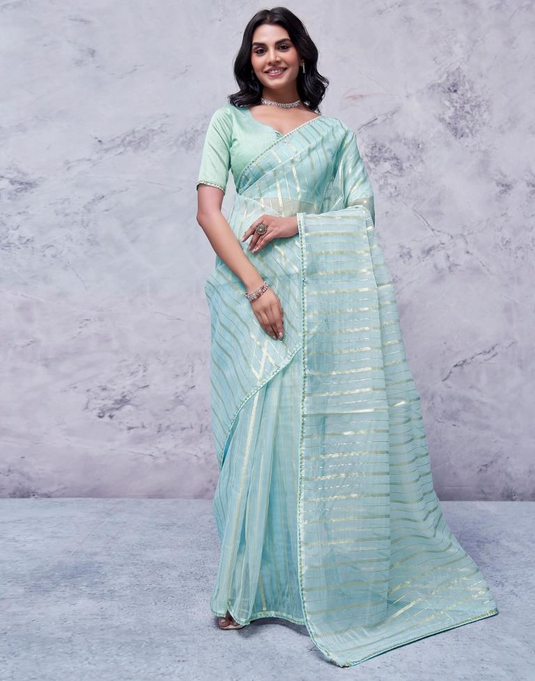 Sky Blue Organza Plain Saree