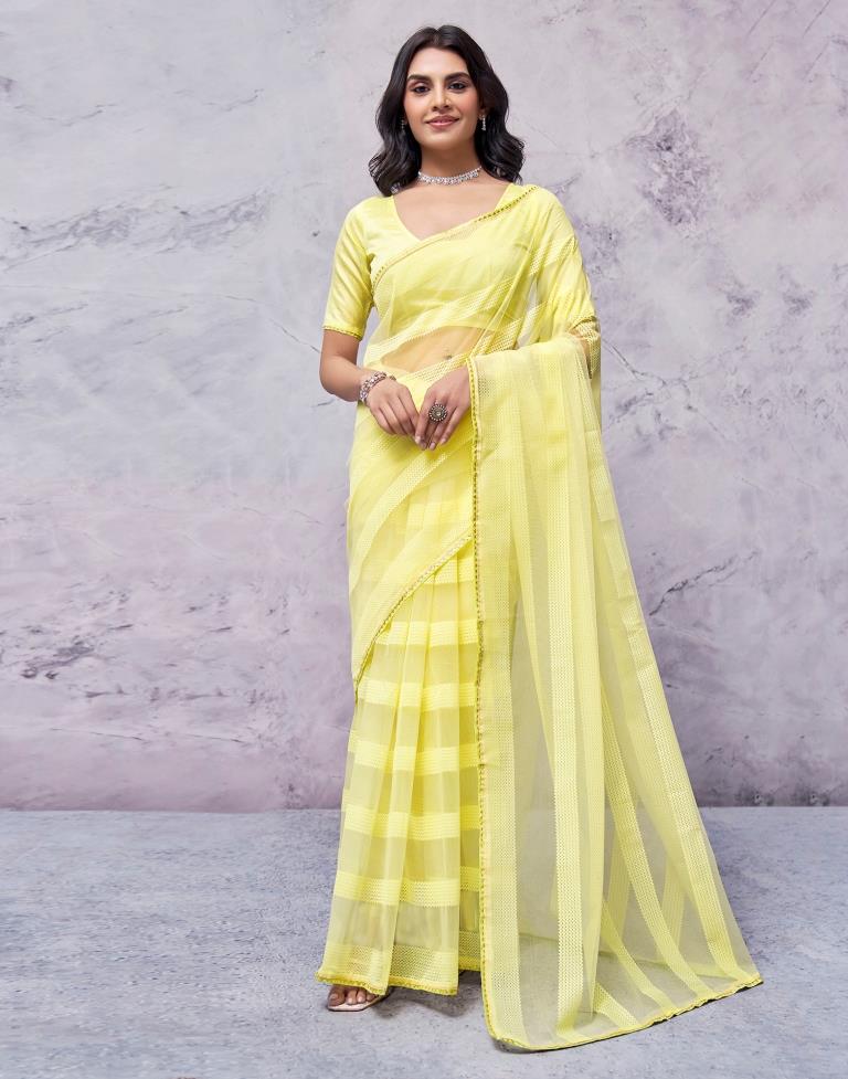 Light Yellow Organza Plain Saree